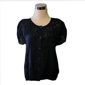 Kimchi Blue Urban Outfitters Black Lace Button Front Short Sleeve Top Size L